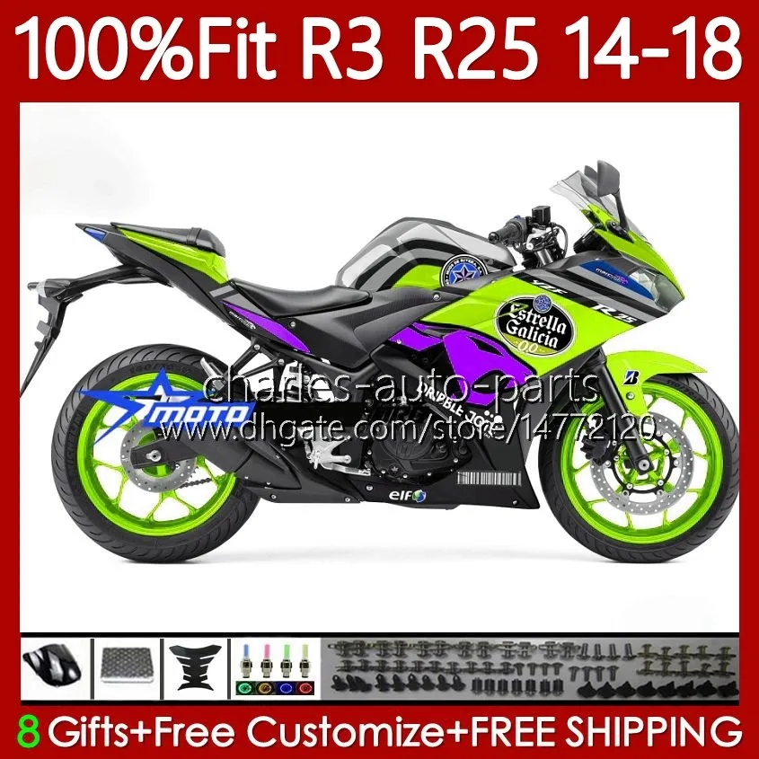 Injection OEM Fairings For YAMAHA YZFR3 YZFR25 YZF-R25 2014-2018 Bodywork 102No.199 YZF-R3 YZF R3 R25 14 15 16 17 18 YZF R 3 25 2014 2015 2016 2017 2018 Glossy Green Body Kit