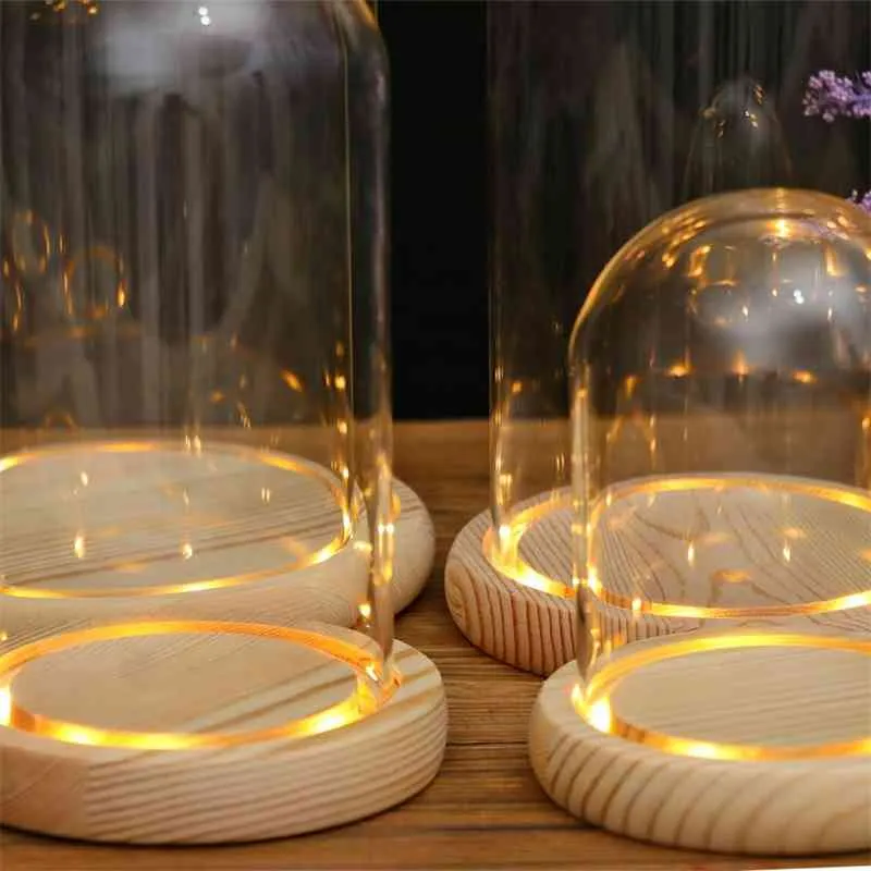 Clear Glass Display Dome with LED Wood Base Microlandscape Miniature Dollhouse DIY Holder Flower Preservation Vase Holder 210409