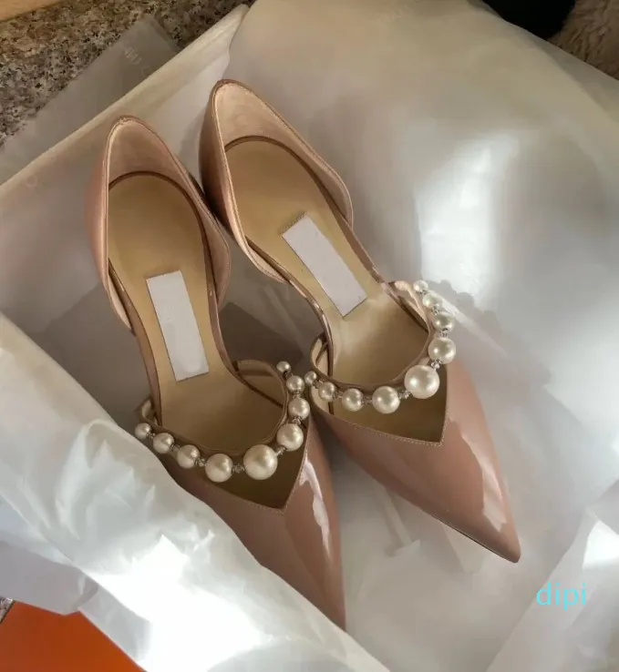 Elegante Vestido de Noiva Noiva Sapatos Bombas Senhora Sandálias Pérolas Alça Marcas de Luxo Bico Pontudo Salto Alto Mulheres Andando