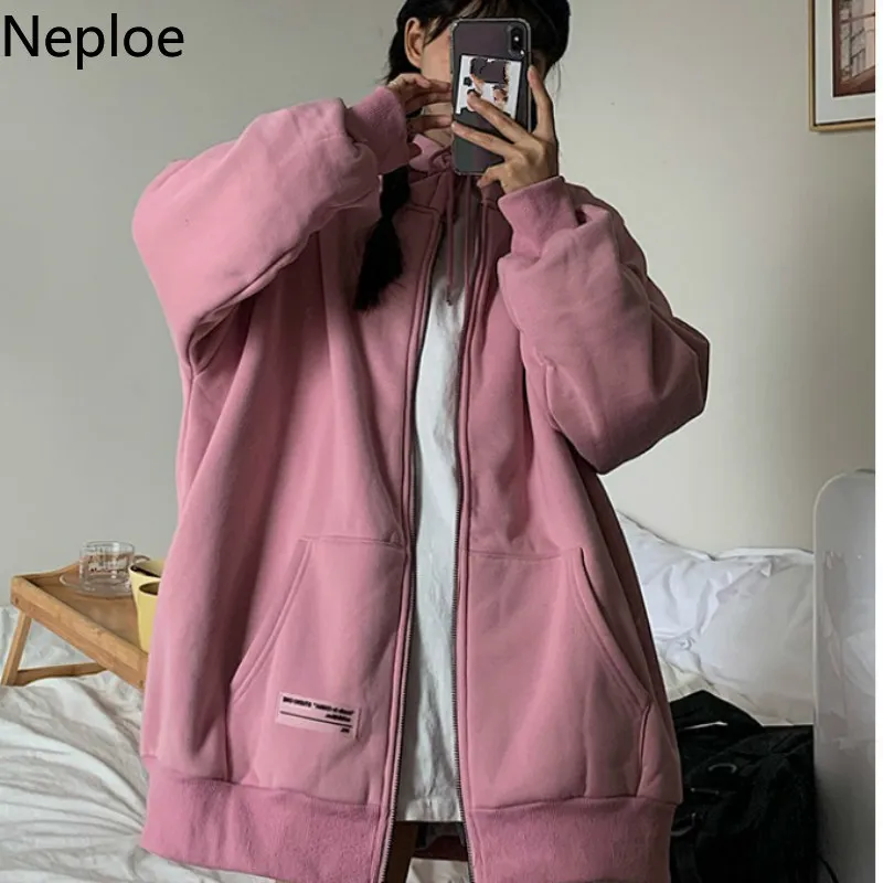 Neploe Oversize Harajuku Hoodies Kvinnor Koreansk stil Zip Up Sweatshirt Vinterjacka Tjockade Pullovers Hooded Fashion Outwear 210422