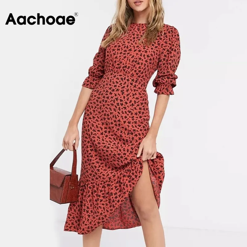 O Neck Casual Plissee Schmetterling Halbe Hülse Eleganter Druck Sommer Frühling Midi Kleid Sommerkleid Vestidos Mujer 210413