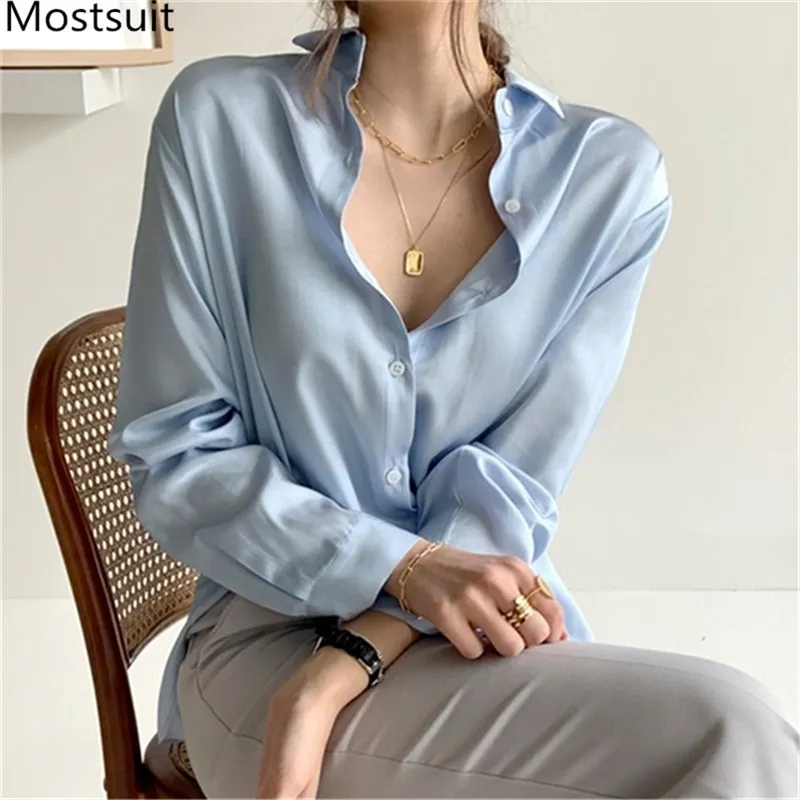 Jesień Koreańscy Solid Satin Bluzki Koszule Kobiety Z Długim Rękawem Turn-Down Collar Mody Office Workwear Topy Blusas Mujer 210513