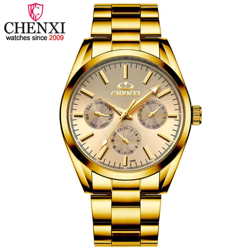 Chenxi moda homens relógio de ouro de aço inoxidável relógios de quartzo homens de luxo marca impermeável esporte relógio de pulso relogio masculino q0524