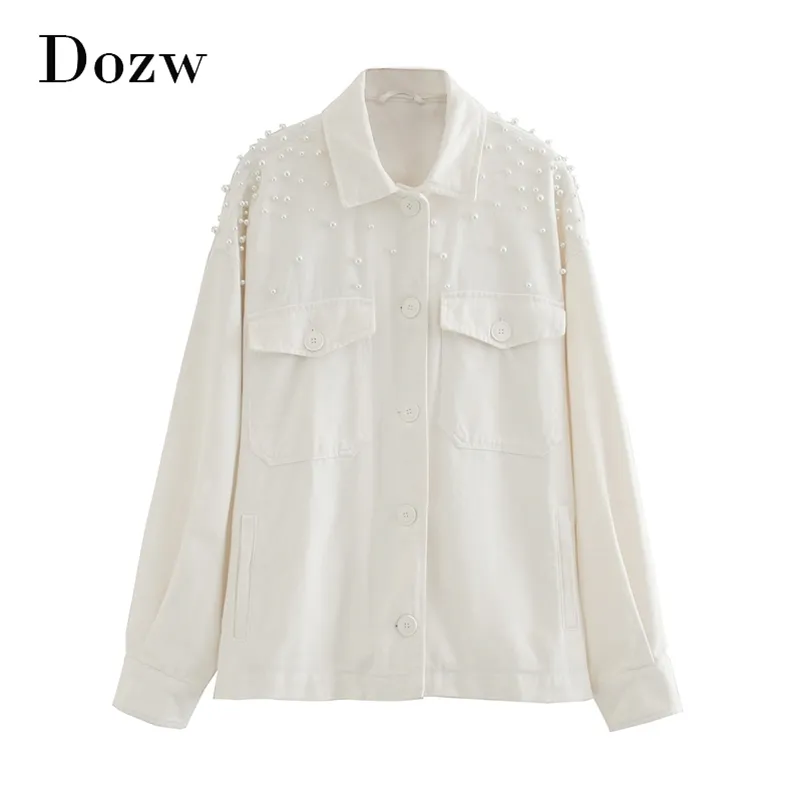 Pearl Decorate Chic Stylish Jacket Women Batwing Long Sleeve Loose White Coat Female Baggy Lady Jackets Outerwear Autumn 210515