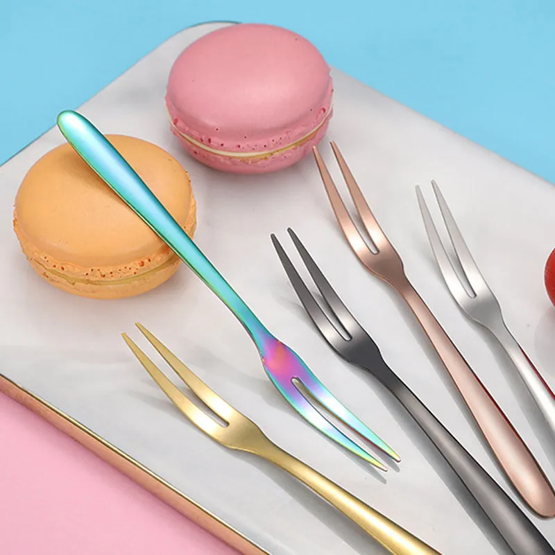 Stainless Steel Fruit Fork Colorful Metal Dessert Cake Snack Forks Two Tooth Fruits Tableware Household For Party Flatware BH5272 TYJ