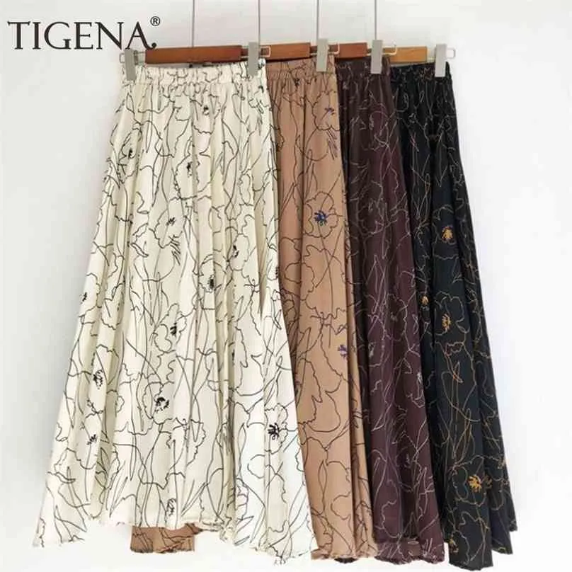 Tigena 90cm Bohemian Long Maxi Skirt Kvinnor Sommar Koreansk Fashion Print Chiffon Kvinna Boho Sun High Waist 210629