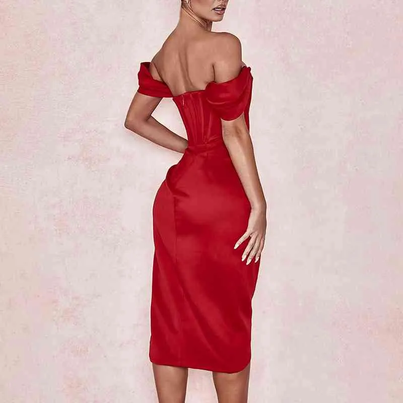 Off Shoulder Push Up Midi Dress With High Slit Elegant Pink Lady