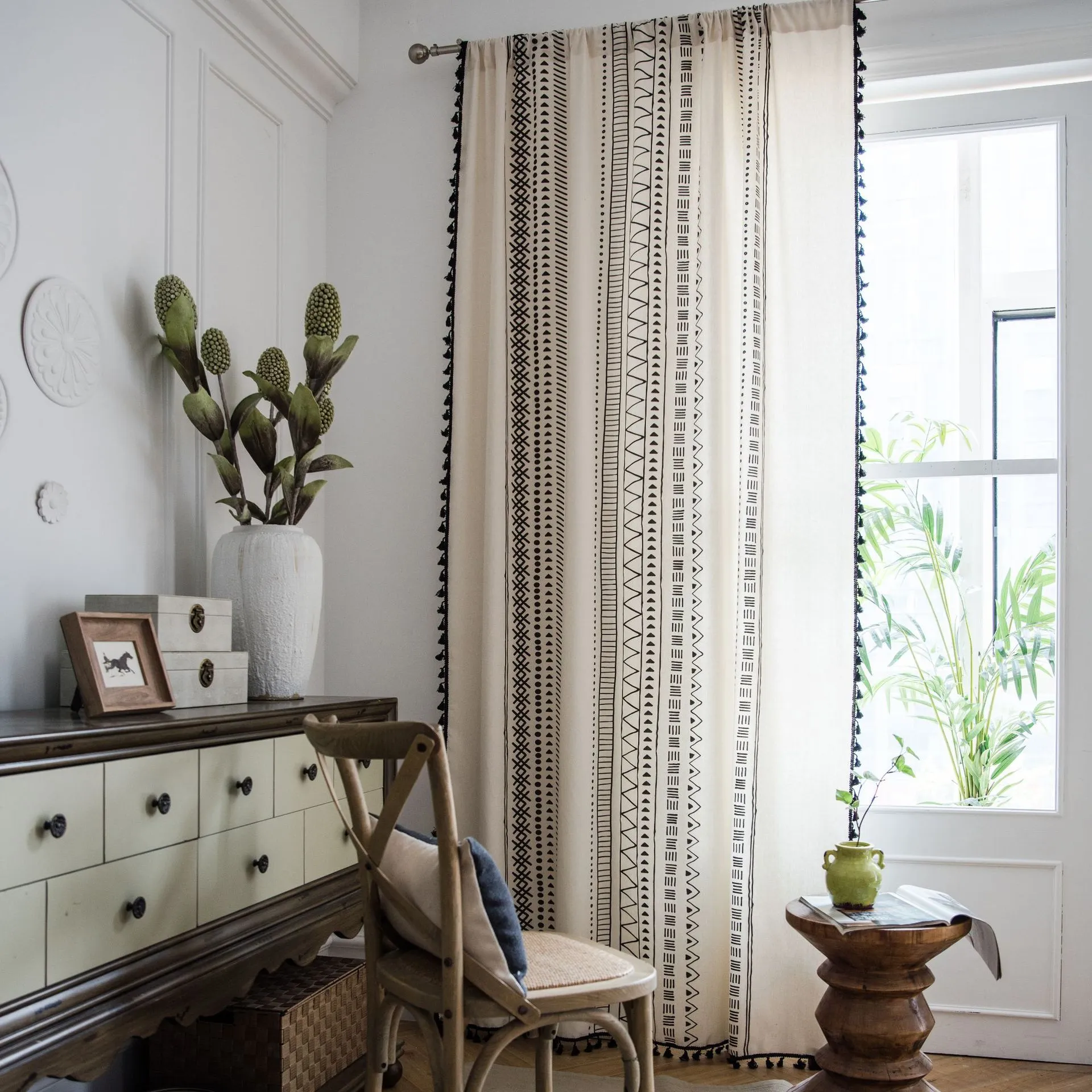 Plain White Sheer Curtains For Kitchen Living Room Bedroom Window Tulle  Curtain Cotton And Linen Printed Black Tassel Bohemian Style From  Gravityhome, $1,031.16 | DHgate.Com, image size:1920x1920
