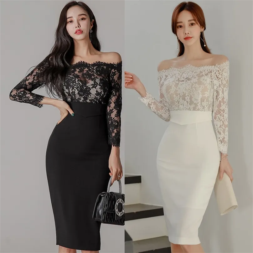Sexig av axel koreanska damer spets långärmad nattklubb kontor party tight klänning för kvinnor Kina kläder 210602