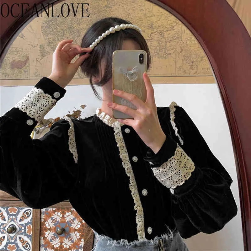 Top in velluto Camicetta da donna Primavera Autunno Patchwork in pizzo Camicie Vintage Elegante Nero Blusas Mujer Ins Moda 19430 210415