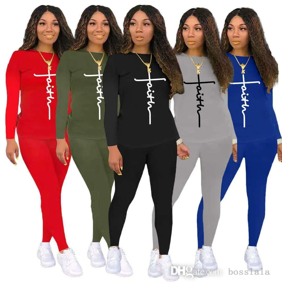 Kvinnor Kläder 2022 TRACKSUITS Brev Skriv ut Två Piece Set Outfits Långärmad Sweatsit With Pocket Ladies Jogger Sets