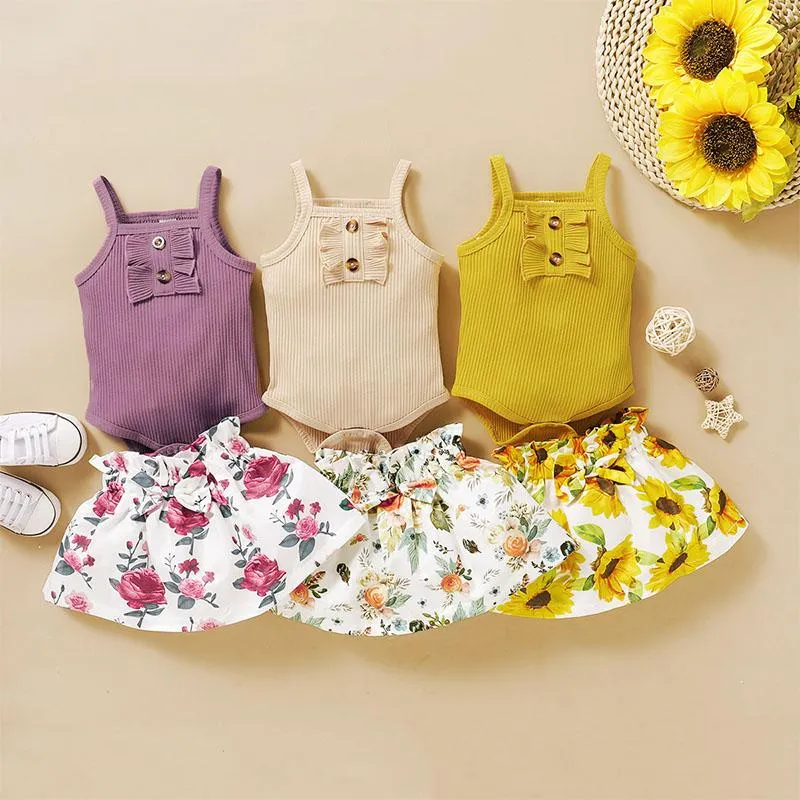 Ensembles de vêtements 2021 filles printemps et automne mode coréenne mignon sans manches haut à bretelles + Rose fleur imprimé jupe ensemble bébé fille tenue