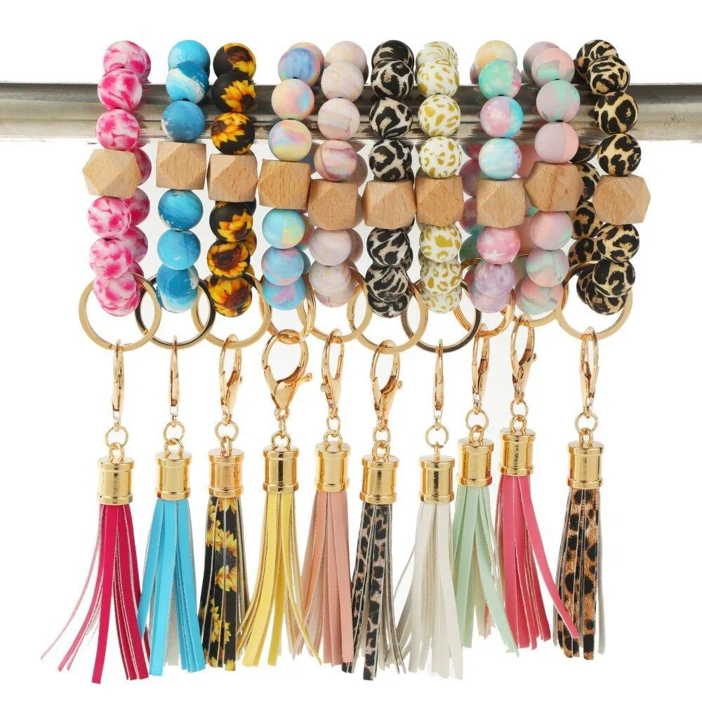 Silicone Beads Keychain Suede Tassel Bracelet Favor Wood Beaded Keyring Handbag Charms Women Printing Jewelry Wristring Gift