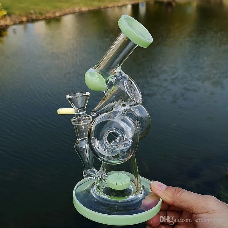 Sliten Donut Perc Tjock Glas Bongs Hookahs Double Recycler Rigs Unik Grön Olja Dab Rig Sidecar Vattenrör med skål