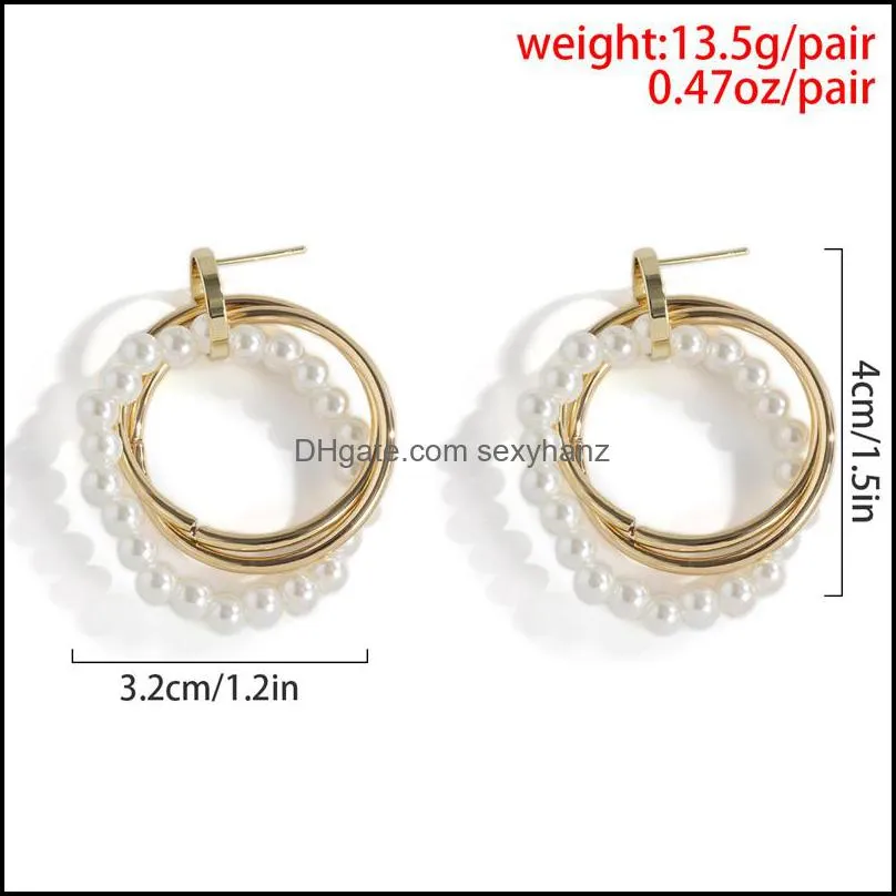 Yamog European Cross Metal Circular Stud Earrings Hoop Imitation Pearl Beaded Round Ear Drop Women Business Party Vacation Wear Earring Jewelry Accessories