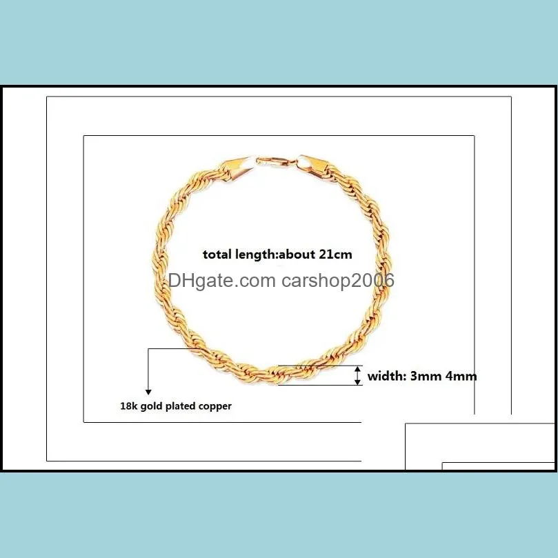 18K Gold Plated Twist Rope Chain Bracelets 3MM 4MM Hip Hop Link Bangle for Men Women Vintage Statement Bracelet Jewelry Christmas Gift