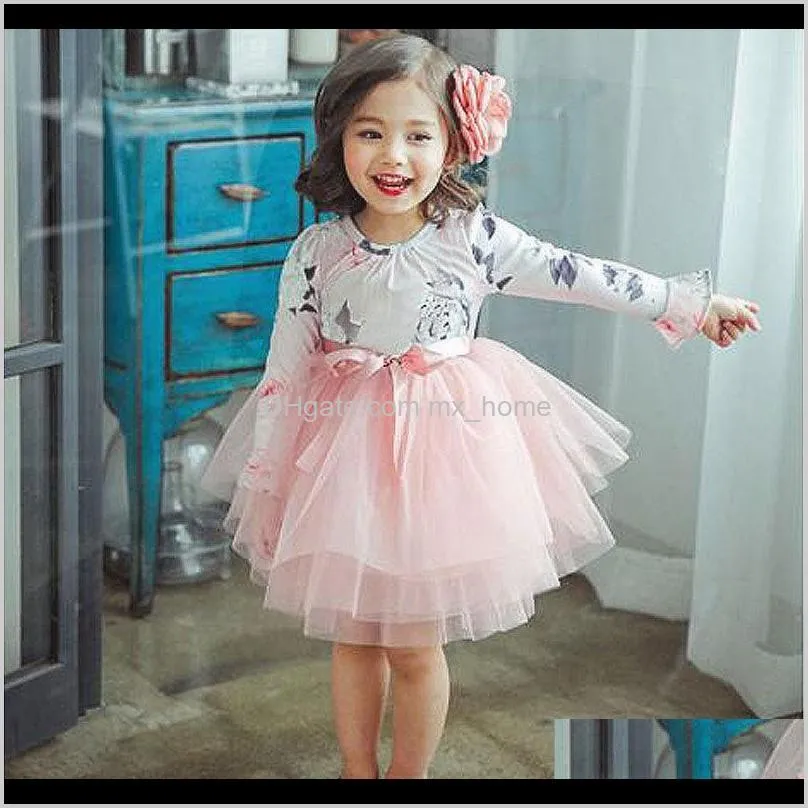 girls floral printed dress bow round neck long sleeve bow floral tutu dress party puffy yarn princess skirt 2-6t