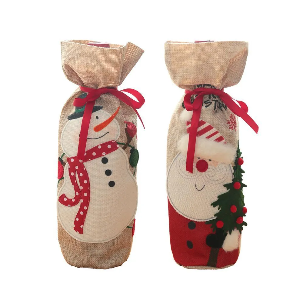 Christmas Wine Bottle Cover Gift Bags Santa Snowman Pattern Home Dinner Decoration Party Table Ornaments RRB11579