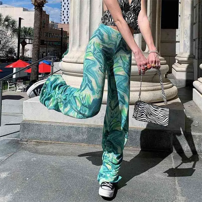 Ułożone spodnie szerokie nogi zielony krawat barwnik y2k moda stroje spodenki damskie drukowane płaskie vintage wysokiej talii kobieta spodnie lato 210915
