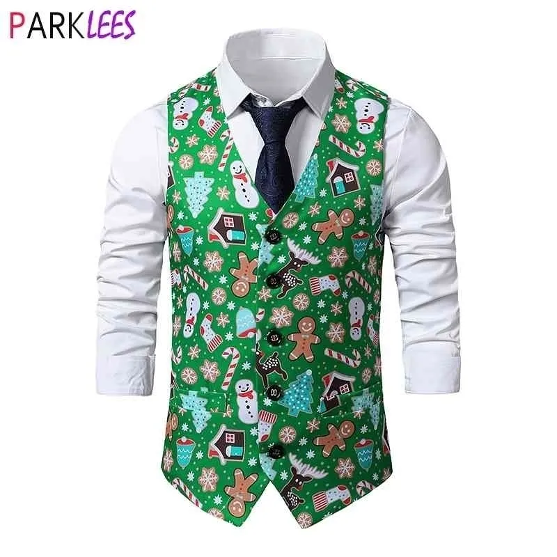 Green Christmas Vest Waistcoat Men Fashion Gingerbread Man Snowflake Print Vests Men Navidad Party Festival Costume Chaleco 210522