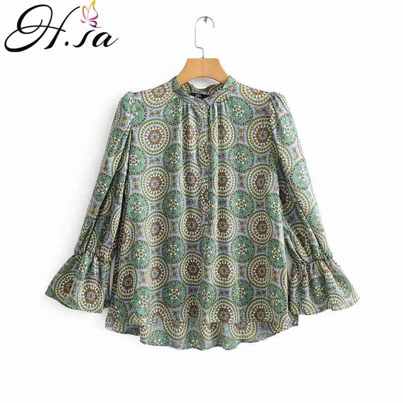 Green Vintage Oneck Circle Printed Blouse For Women Loose Fit