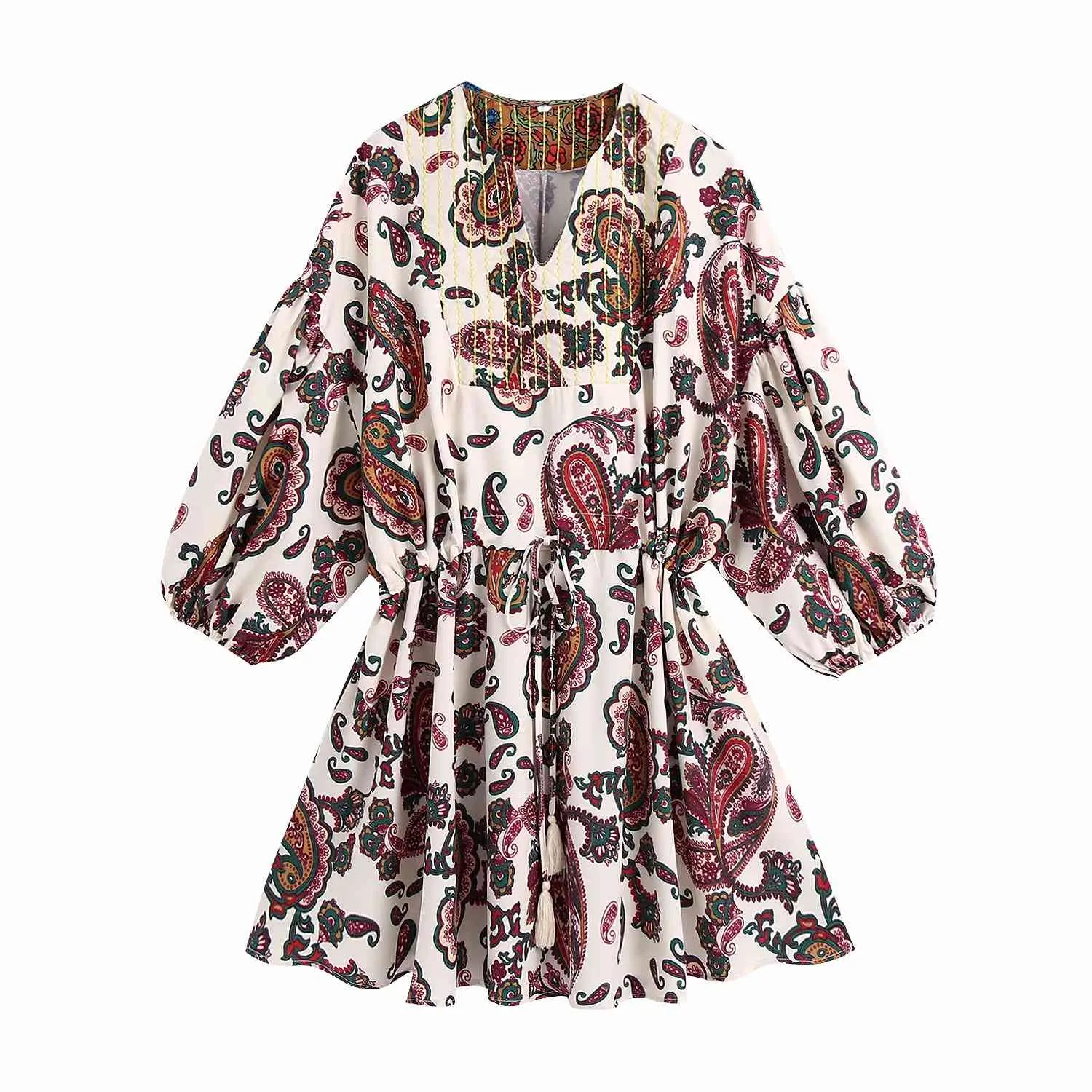 여름 여성 페이즐리 인쇄 드레스 절반 슬리브 V 넥 짧은 세련된 레이디 빈티지 캐주얼 옷 210517