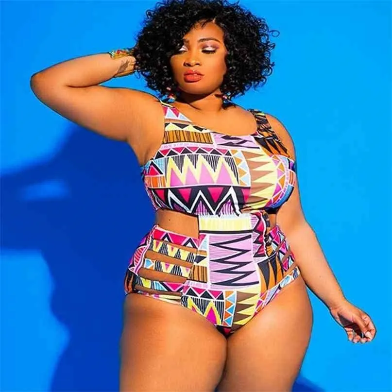 Plus Size Swimwear Bandage Cut Out Bathing Suit Women Swimsuit African Print Monokin Large Bodysuit Sexy 210625