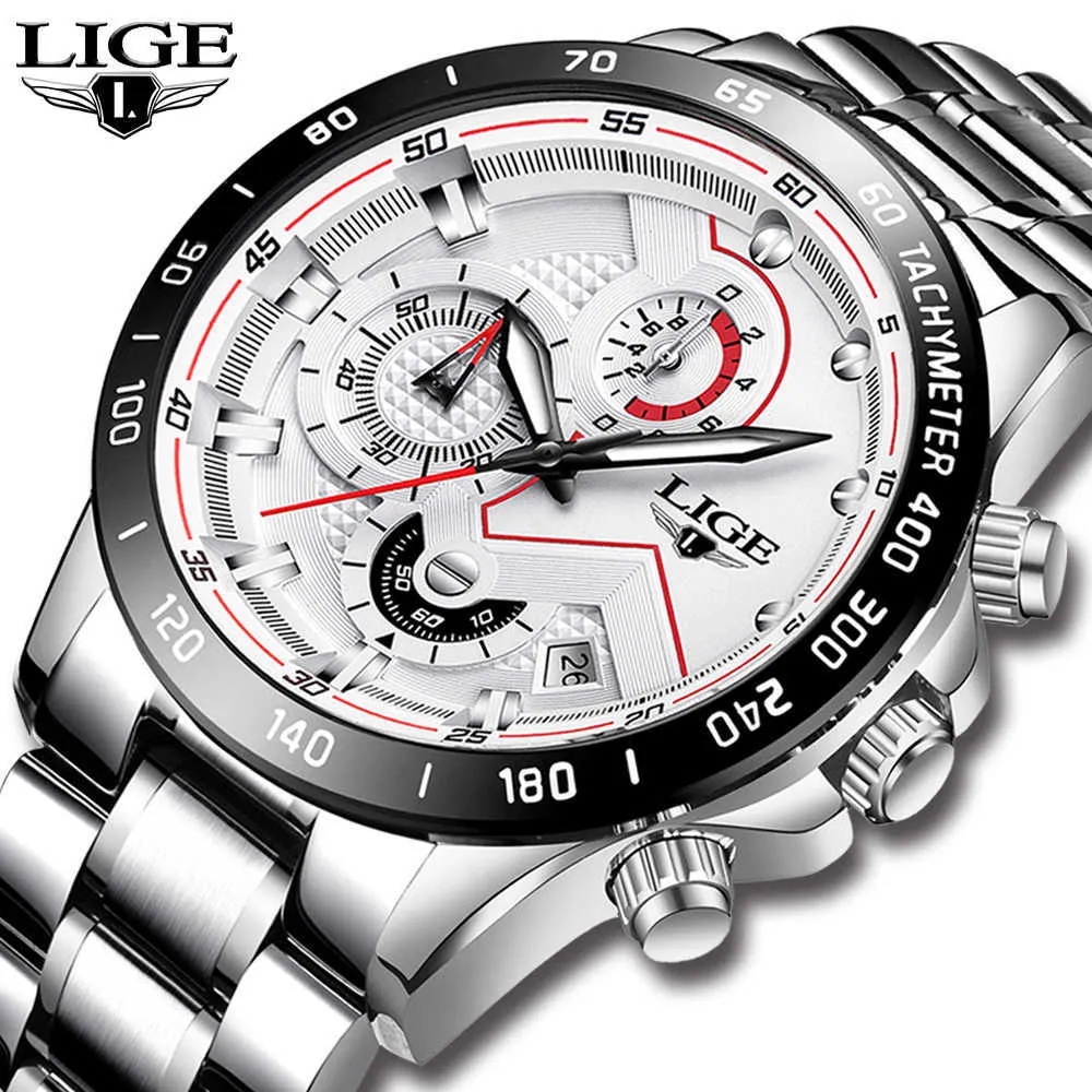 Męskie Zegarki Lige Moda Ze Stali Nierdzewnej Top Marka Luksusowy Wielofunkcyjny Chronograph Quartz Relogio Masculino 210527