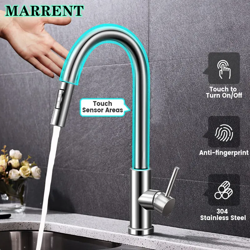 Rubinetti da cucina senza tantum con spruzzatore di pull down SUS304 in acciaio inox Cucina in acciaio inox rubinetto caldo freddo Smart Sensor Touch Mixer Miscelatore