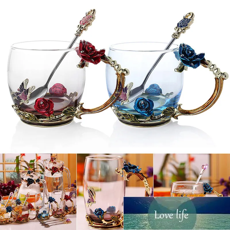 Emaille Coffee Thee Cup Mok 3D Rose Butterfly Glass Cups Bruiloft Gift TT-Beste