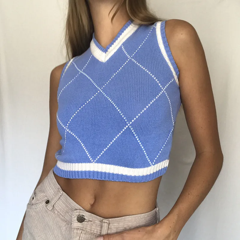 Crop Top Argyle Pull Gilet Femmes Sans Manches Pull Tricoté Pulls Casual Streetstyle Court Club Party Pull Gilet Jumper 210415