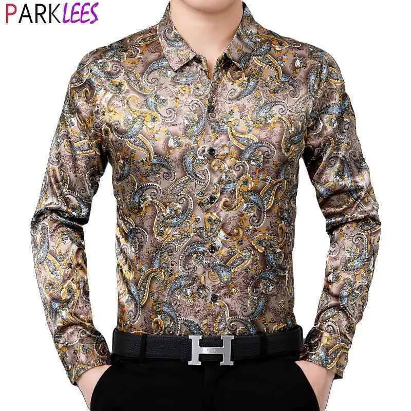 Luxury Paisley Satin Tuxedo Tröja Män Märke Slim Fit Silk Som Mens Klänning Shirts Casual Smooth Party Social Shirt 4xl 210522