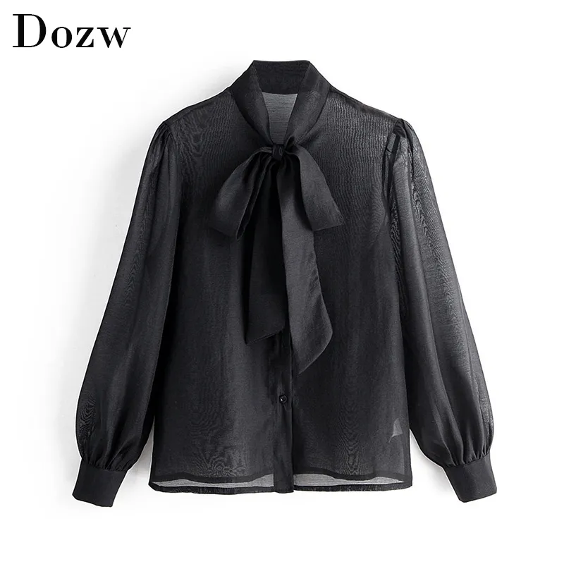 Chic Organza Bow Neck Blouse With Pleated Long Sleeves Transparent
