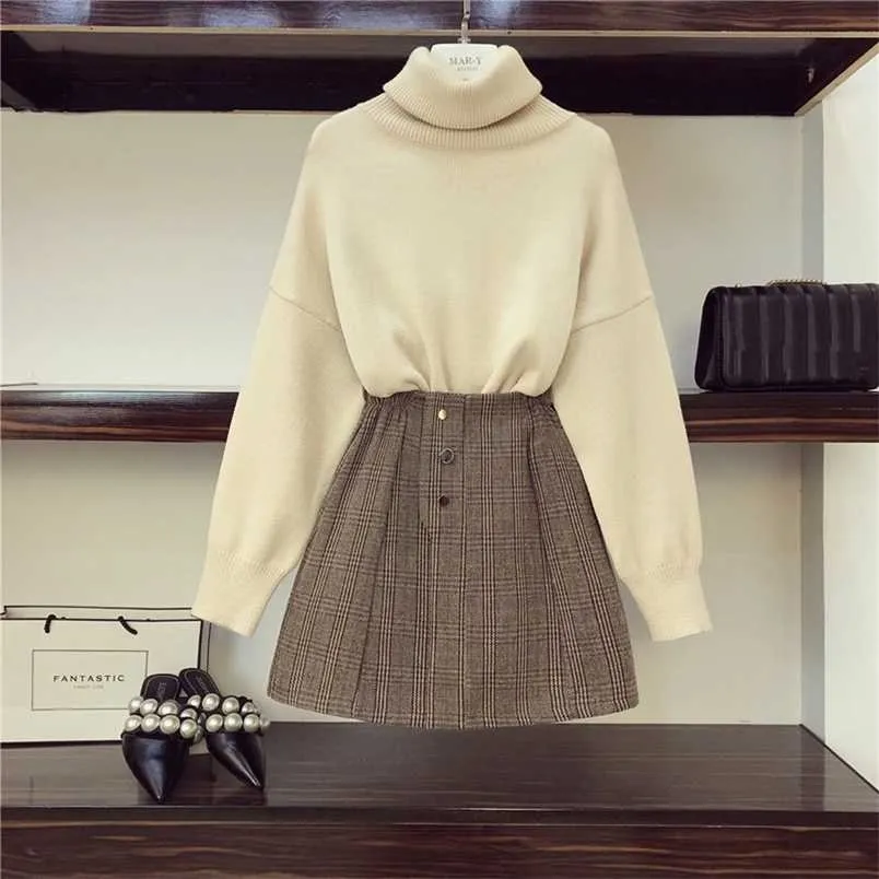 Women's Piece Outfit Set: Elegant Korean Style Turtleneck Long Sleeved  Loose All-Match Clothing and Skirt Set 211109
