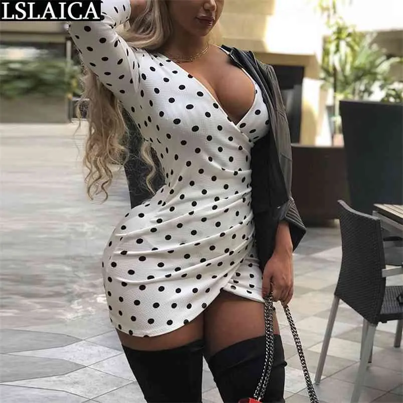 Fashion Sexy Dress Dot Printed Long Sleeve Sale Dresses Women Skinny Evening Night Club Party V Neck Mini Vestidos Cortos 210515