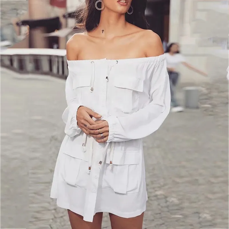 short white spandex dress Off-Shoulder Cotton strapless dress with Pockets for Women
