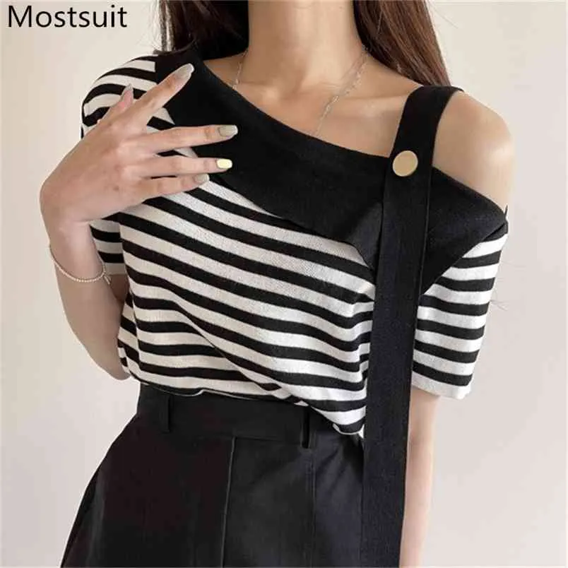 Summer Striped Knitted Knitwear Pullover Women Short Sleeve One-shoulder Sweater Tops Korean Sexy Stylish Ladies Jumpers 210513