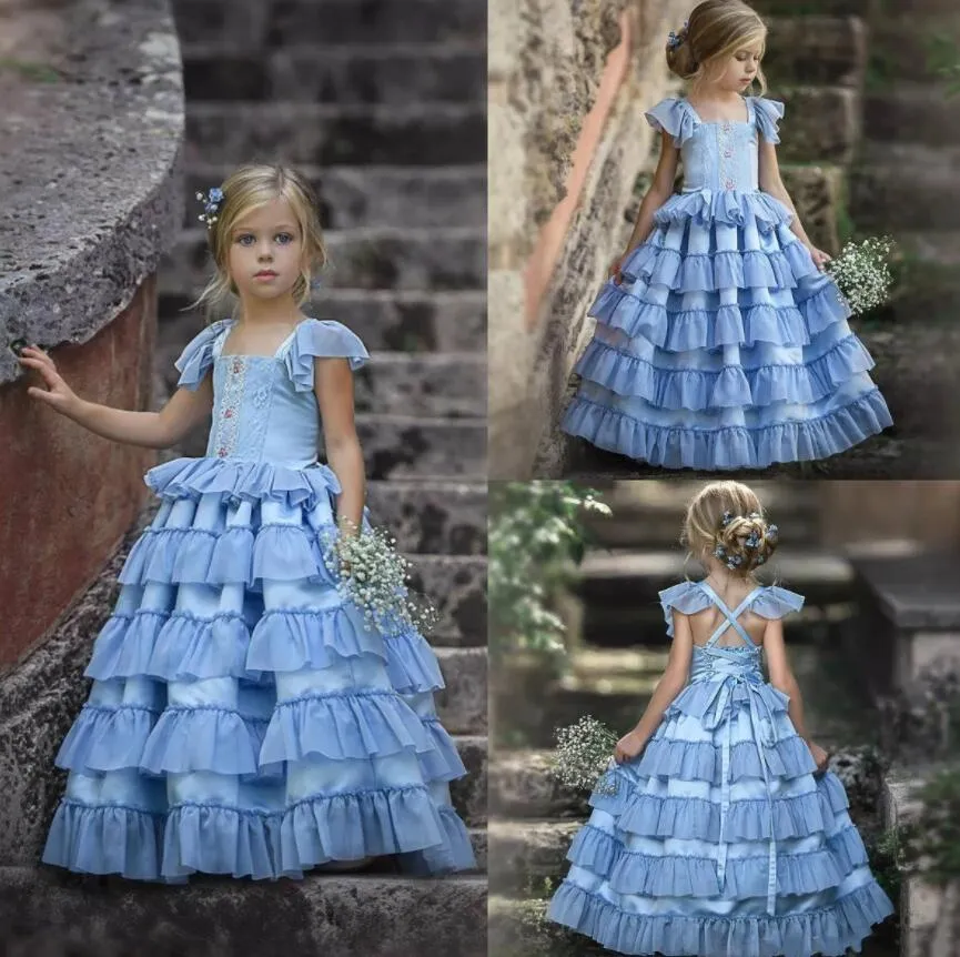 Sky Blue Lovely Flower Girl Dress Criss Cross Straps Custom Made Birthday Gowns Cap Sleeves Square Collar Pageant First Communion Dresses