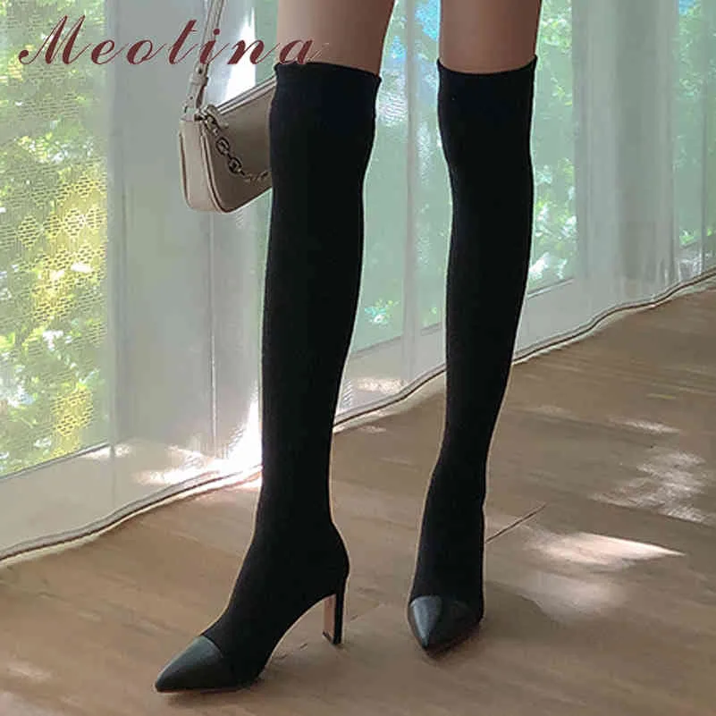 Over The Knee Boots Women Shoes Real Leather High Heel Pointed Toe Chunky Heels Female Long Ladies Gray 42 210517