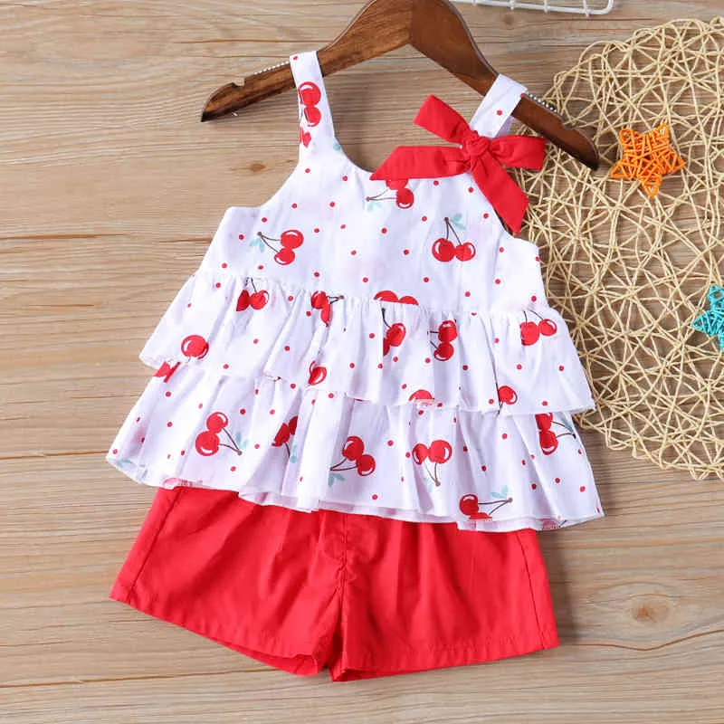 Cute Girl Clothes Set Summer Baby Cherry Polka Dot Printed Bowknot Vest Top + Solid Color Shorts Children's 2Pcs 210515