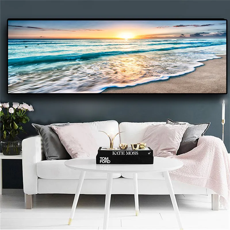 Naturale Oro Spiaggia Tramonto Paesaggio Poster e Stampe Tela Pittura Mediterran Scandinavian Wall Art Picture for Living Room