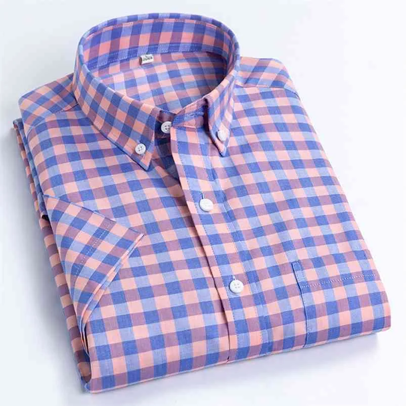Men's Casual Short-Sleeve Checkered Shirts Standard-fit Summer Thin Soft Quality 100% Cotton Button-down Plaid Striped Shirt 210714