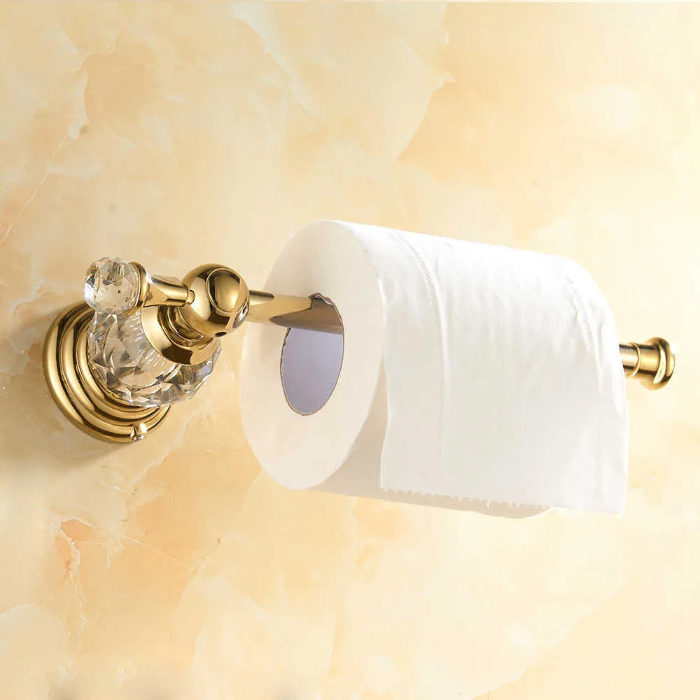 Gold Polished Toilet Paper Holder Solid Brass Bathroom Roll Accessory Wall Mount Crystal Tissue 210709