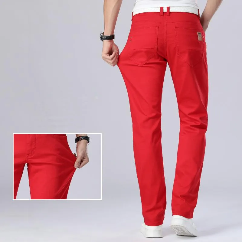 Herren Jeans Stretch Regular Fit Business Casual Klassischer Stil Mode Denim Hose Männlich Schwarz Weiß Rot Hose Größe 28-40