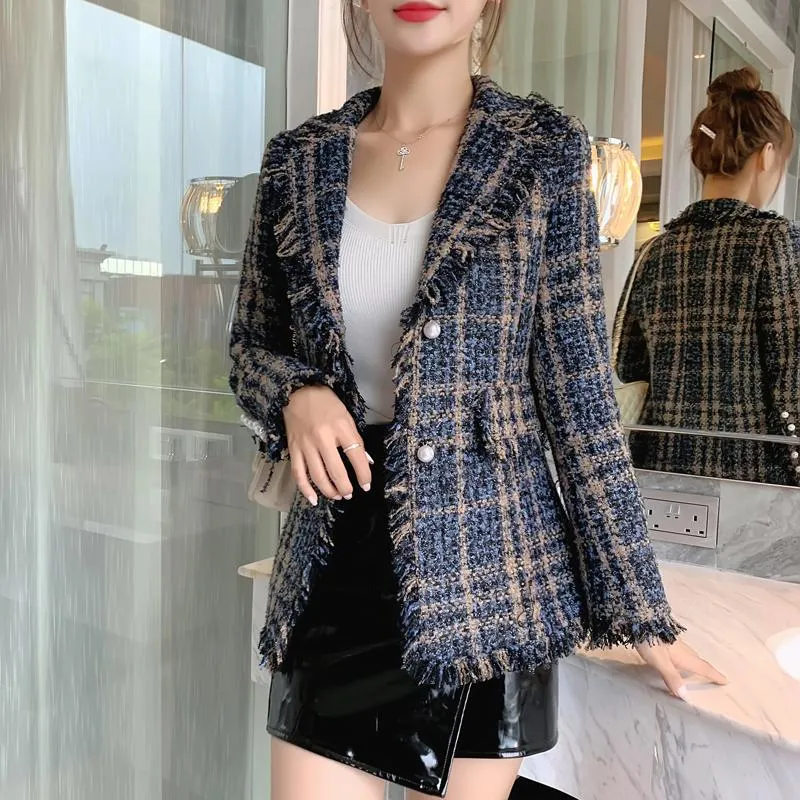 Kvinnors Jackor Höst Runway Designer Tweed Women Slim Plaid Jacket Coat Tassel Kvinna Damkläder 2021