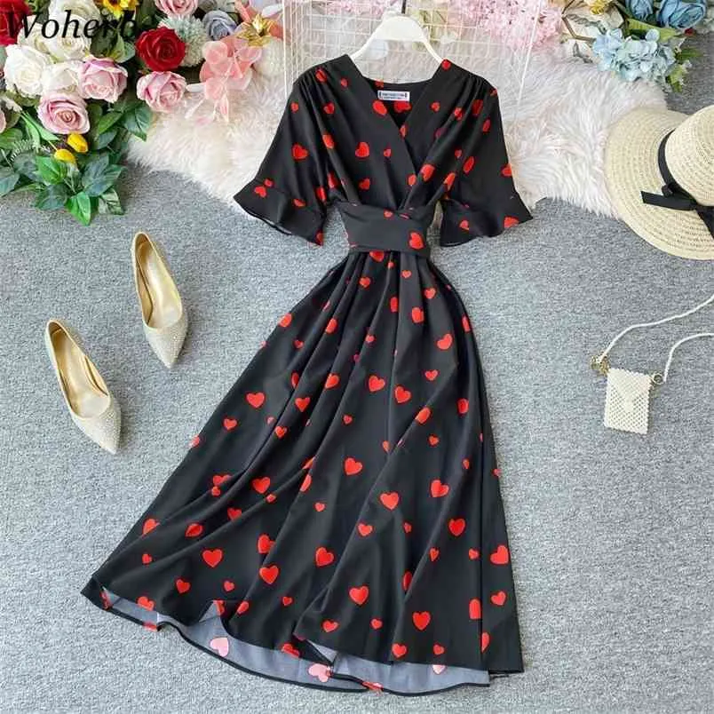 Serce Drukuj Sukienka Kobiety Elegancki Koreański Maxi Dresses Lady A Linia Vintage V Neck Wysoka Talia Bandaż Vestidos Party Robe 210519