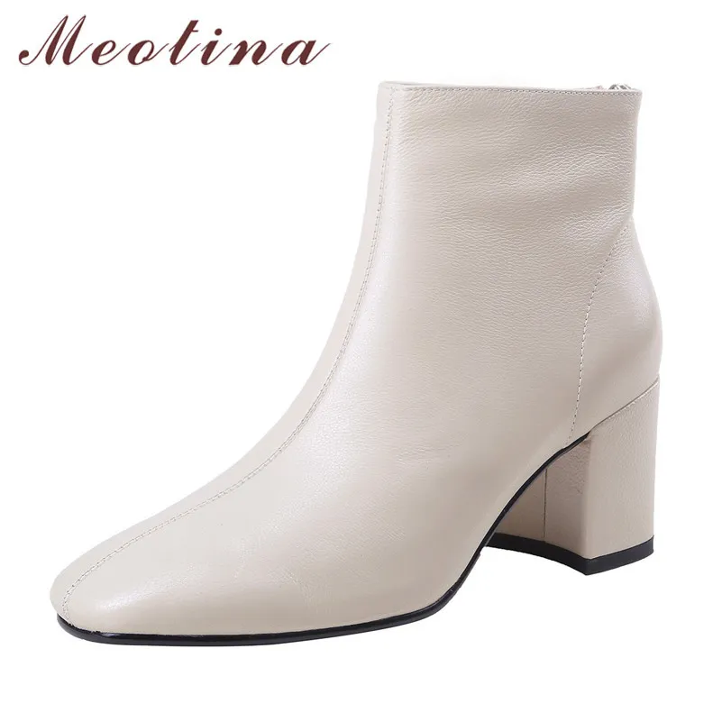 Couro Genuine High High Heel Botas Curtas Mulheres Sapatos Zipper Quadrado Toe Grosso Saltos Senhoras Azido Outono Inverno Bege 210517