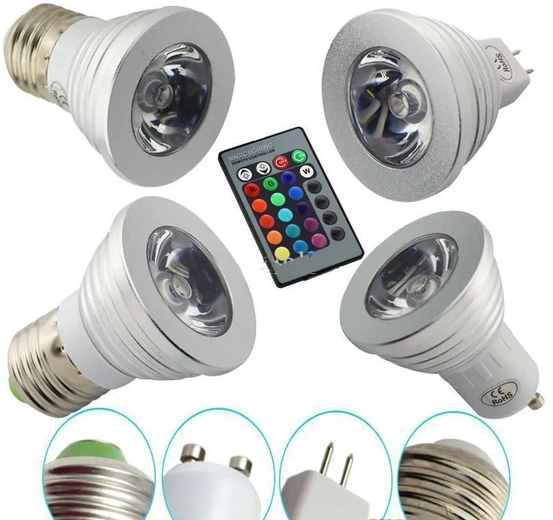 LED-RGB-Glühbirne, 3 W, 16 Farbwechsel, 3 W, LED-Strahler, RGB-LED-Glühbirne, E27, GU10, E14, GU5.3, mit 24-Tasten-Fernbedienung