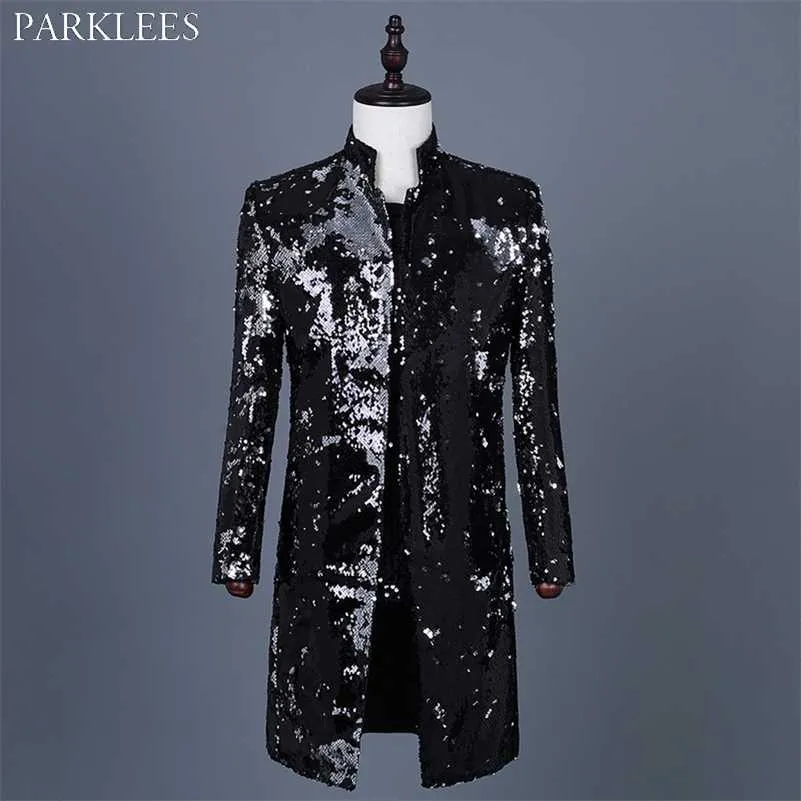 Mens Embellished Sequin Blazer Coat Jackor Glänsande Glitter Flipping Sequins Suit Jacket Stage Party Dance Singer Costume Homme 211120