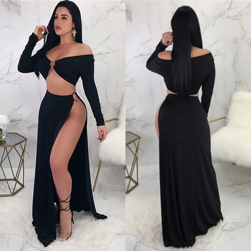 Сексуальное вне плеча длинные рукава maxi платье черный высокий раскол вечер длинные платья ночной клуб носить стелла два куска платья vestidos x0521